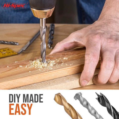 Person using a drill on wood with 130 Piece Drill Bit Set With Titanium HSS Bits For Metal Wood Plastic And Masonry Includes Eleven Size Range