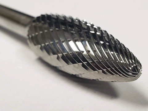 Close-up of 1/2 Inch SH-5 Burr Flame Style Double Cut Solid Carbide for metal workpieces on rotary tools