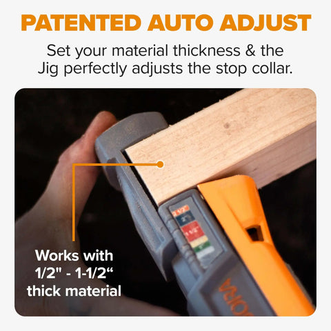 Pro Compact Pocket Hole Jig Kit With Auto Adjusting Drill Guide on wood, showing thickness adjustment.