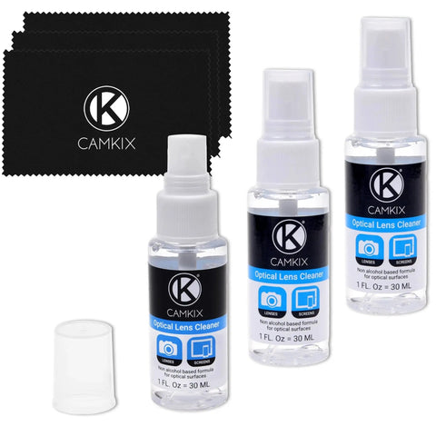 Lens And Screen Cleaning Kit With 3 Cleaning Sprays And 3 Microfiber Cloths showcasing bottles and cloths for screens and lenses.