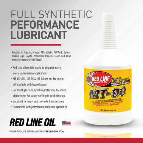 Red Line MT-90 75W-90 GL-4 Manual Transmission And Transaxle Lubricant, one-gallon bottle, synthetic lubricant for vehicles.