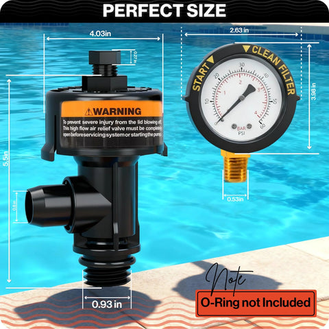 Swimables 98209800 air relief valve for Pentair pool filters; black plastic valve with pressure gauge