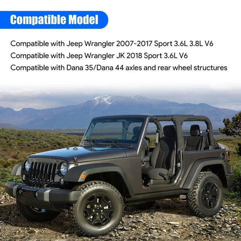 Jeep Wrangler parked in a mountainous area, compatible with Dana 35 and Dana 44 axles and various Jeep Wrangler models.