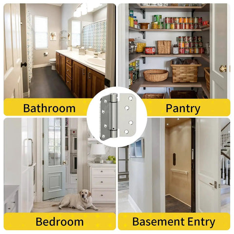 3 Pack Self Closing Door Hinges 4 Inch Spring Loaded For Garage Front Back Doors Left Or Right Hand Adjustable Tension Five Eighth Inch Radius Corners UL Listed Brushed Nickel Durable Construction, shown with bathroom, pantry, bedroom, basement entry door use.