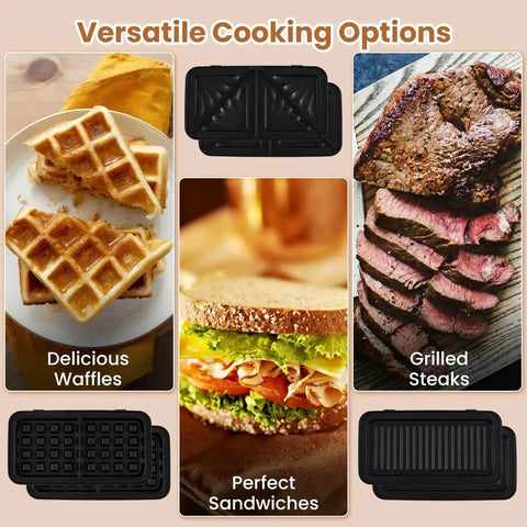 3 In 1 Sandwich Maker Waffle Maker With Removable Plates And Panini Press, cooked waffles, sandwiches, and steaks