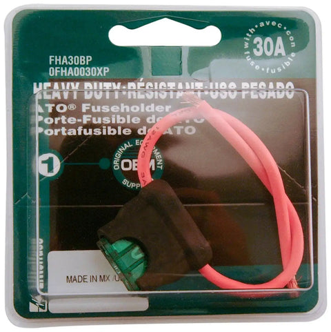 Front view of High Durability Inline Fuse Holder With 30 Amp Fuse And Carded ACS ATO Style For Auto And DIY Builds Includes Two 4 Inch Leads Of 16 Gauge Black Wire Made Easy.