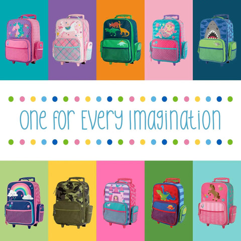 Colorful kids rolling luggage for travel and sleepovers with durable wheels, featuring various designs for toddlers and preschoolers.