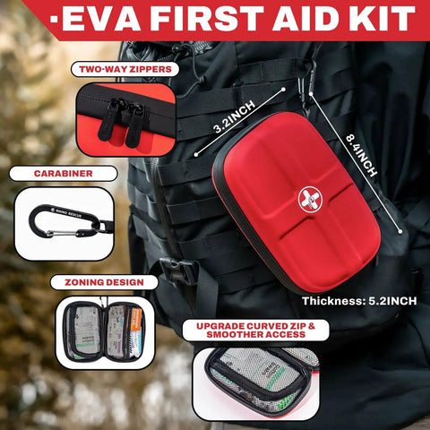 Compact Waterproof EVA First Aid Kit With 130 Essential Supplies attached to backpack with carabiner close-up