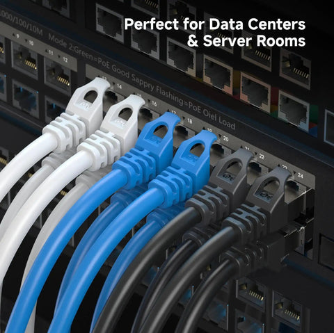 Multiple Cat6A Ethernet cables plugged into network switch, including 10 Gbps Snagless Shielded Cat6A Ethernet Cable 50ft Black.