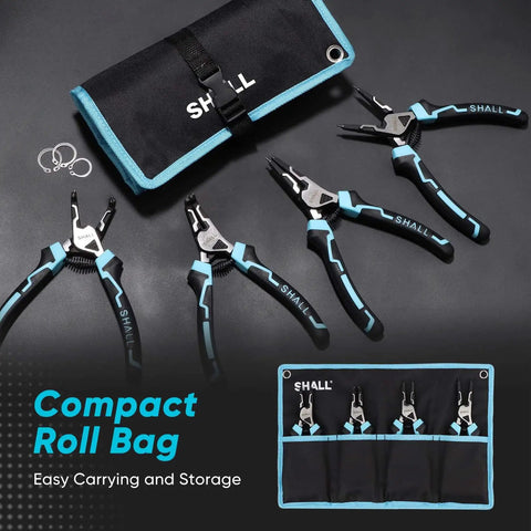 4-Piece Heavy Duty Snap Ring Pliers Set For 7 Inch Internal And External Circlip Pliers With 5/64 Inch Tip, Includes Straight And 90 Degree Angled Tools In A Compact Portable Case For Quick, No-Fuss Jobs, displayed with open roll pouch and pliers.