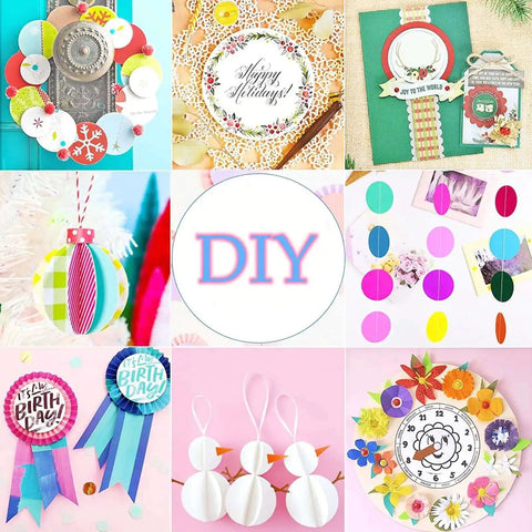 DIY cards and gift tags featuring designs and colors for various occasions, highlighting paper punch crafting for scrapbooking.