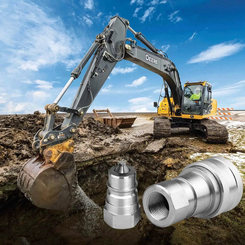 Heavy Duty 1/4 Inch NPT ISO 7241 B Hydraulic Quick Connect Couplers With Dust Caps shown near an excavator