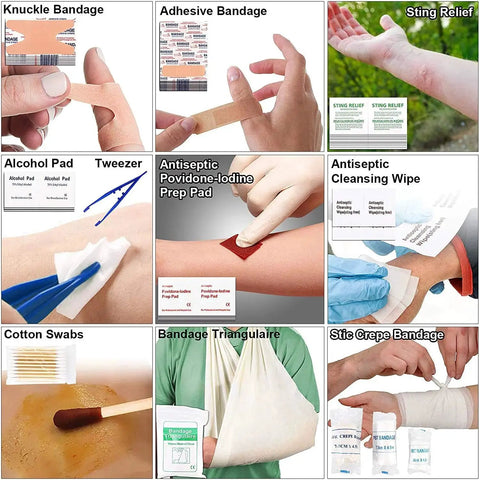 Collage of first aid supplies from the 216 Pcs Survival First Aid Kit With Pro Gear Essentials For SOS Emergencies Hiking Hunting Camping And Disaster Prep Green Case Packed With First Aid Supplies And Survival Tools For Ready For Adventures, including bandages, sting relief, and wipes.