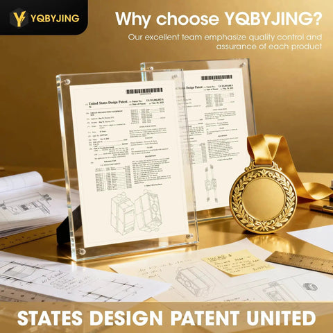 Product design patent certificates displayed with a gold medal, emphasizing quality control by YQBYJING.