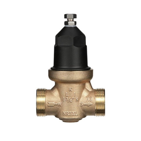 Front view of One And A Quarter Inch NR3XL Pressure Reducing Valve With Double Union FNPT Connection For Potable Water Cartridge Loaded Design Built To Last Tailpiece Options Include Threaded PEX Copper Sweat CPVC Stainless Steel Strainer By Zurn Wilkins