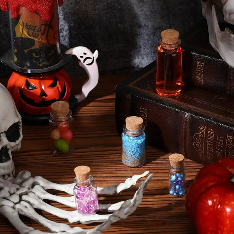 Awesome 25 Pack Mini Plastic Bottles With Cork Stoppers And Eye Screws, colorful contents on a wooden table, Halloween decor