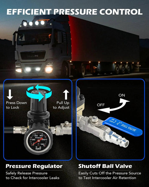 Turbo System Leak Tester For Trucks With CAC Boost, featuring pressure regulator and shutoff ball valve by Orion Motor Tech.