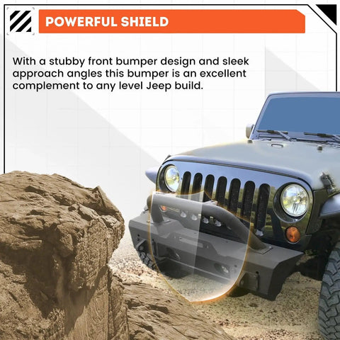 Front view of Stubby Front Bumper For Jeep Wrangler JK JL Gladiator JT With Fog Light Housing installed on Jeep