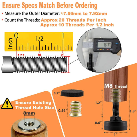 Diagram of Eight Pack Adjustable Furniture Leveling Feet With M8 ISO Thread 1.8 Inch Tall 1 Inch Base Nuts And Felt Pads Included Black