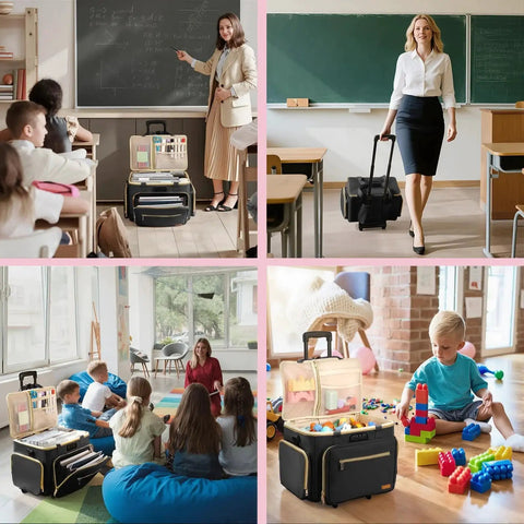 Rolling Teacher Bag With Wheels And Detachable Trolley Fits 17 Inch Laptop shown in classroom setting with students and teacher.