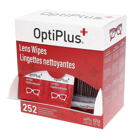 Box of 252 OptiPlus pre-moistened eyeglass lens wipes for glasses and screens, quick dry, scratch free, in red packaging
