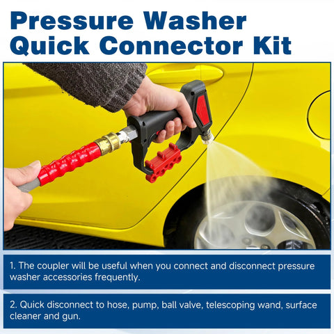 TasuoX 3/8 in NPT pressure washer adapter set; 12-piece stainless steel quick-connect kit; spray wand on yellow car.