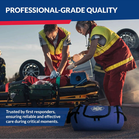 First responders using fully stocked trauma first aid kit in blue First Responder II bag with tools, gauze, bandages, scissors, and gloves.