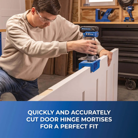 Person using Adjustable Door Hinge Routing Jig With Depth Guide For Precise Mortises And Accurate Latch Routing on interior door.
