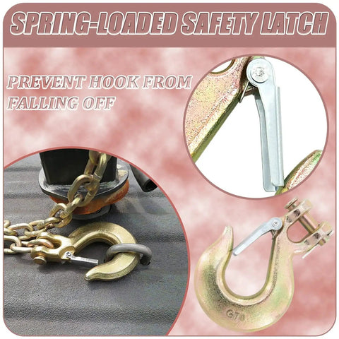 Close-up of Two Pack G70 Forged Clevis Slip Hooks With Safety Latch 18000 Lbs in use with chains and safety latch detail.
