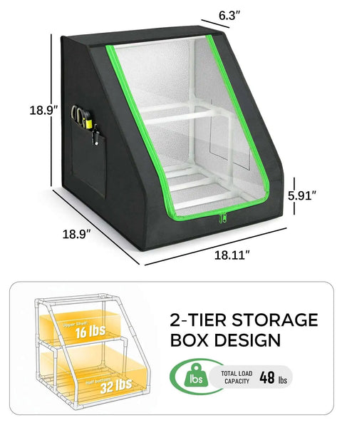 Heavy Duty 3D Printer Filament Storage Box With 21 Spool Capacity and 2-Tier Filament Rack Organizer showing trapezoid frame and pockets