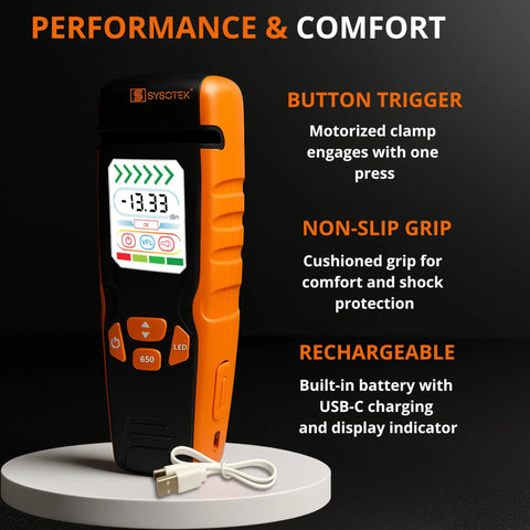 Optical fiber identifier OFI handheld tester in orange/black with USB-C, built-in visual fault locator 850–1700 nm
