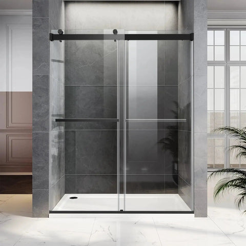 Frameless Double Sliding Shower Door With Adjustable 56 To 60 Inch Width And 76 Inch Height, 8mm Clear Tempered Safety Glass, Matte Black Stainless Steel Hardware, Reversible Left Or Right Door, Modern Bathroom Upgrade