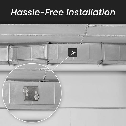 Duct access door, 8x8 inch galvanized steel, hinged cover with two clasps for HVAC crawl space inspection.