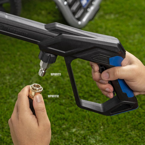 Hands holding Heavy-Duty Three-Quarter Inch GHT To M22-14MM Quick-Connect Fitting For Pressure Washer Hose And Gun Brass No-Leak Adapter.