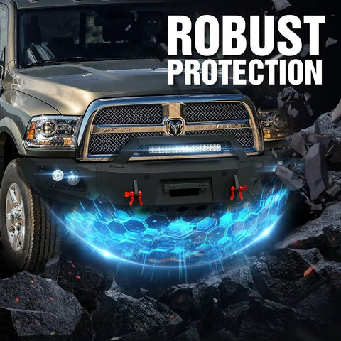 Ram 2500 3500 front bumper with winch plate and LED lights D rings on Dodge truck