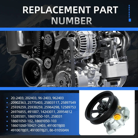 Drop In Ready Power Steering Pump With Pulley Replacement Fit For Buick Enclave 2008 2017 Chevrolet Traverse 2009 2017 GMC Acadia 2007 2016 Saturn Outlook 2007 2010 Replacement 20-2403 96-2403, showing product with pulley.