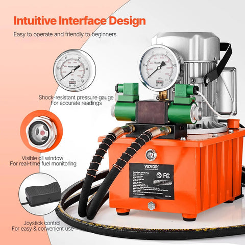 VEVOR 10000 PSI hydraulic electric pump on orange base, double-acting with 750W copper motor and 8L cylinder, pressure gauge