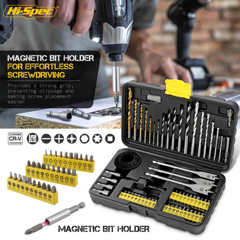 63 Piece Drill Bit And Screwdriver Bit Set For Wood Metal Brick And Concrete With HSS Metal Masonry Brad Point Bits And Hole Saws Includes 30Pc 25mm Screwdriver Bits