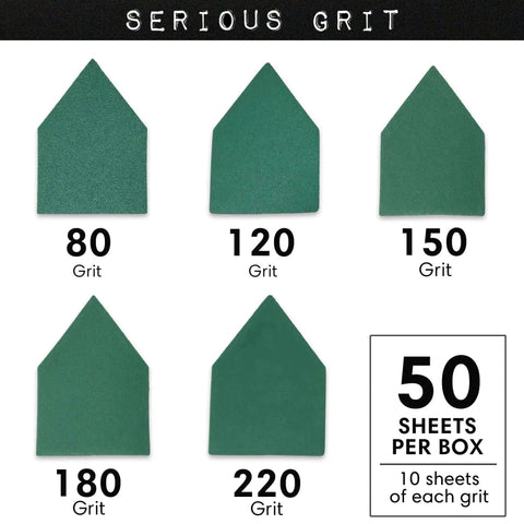 Five triangle sanding sheets with grits 80, 120, 150, 180, and 220; 50-pack box for Milwaukee M12 Sander