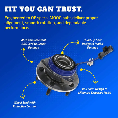 Single Front or Rear Wheel Hub & Bearing Assembly for Chevrolet Impala, sealed ball bearing with ABS grommet, shown with text highlights.