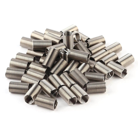50 Pieces M10x1.25 Helical Stainless Steel Threaded Inserts With Locking Wire Anti Loosening Sleeves in a pile