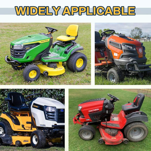 Four different models of riding lawn mowers showing compatibility for Two Pack 15x6-6 Tire And Wheel Assembly.