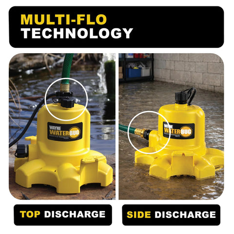 Wayne WaterBUG submersible pump, 1/6 HP, 1350 GPH, yellow plastic body, top and side discharge views