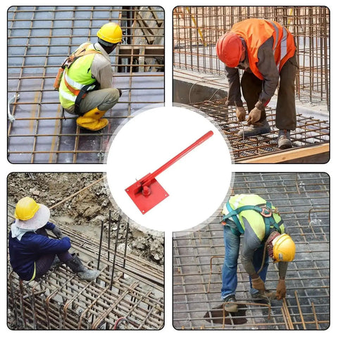 Workers using tubing bending hand tool with straight jaw pliers for ductwork and building projects at construction site