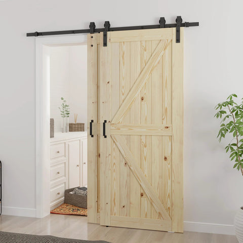 Installed Double 36x84 Inch Bypass Barn Door With 6.6 Ft Track Hardware Kit Included, Unfinished Solid Wood for home decor.