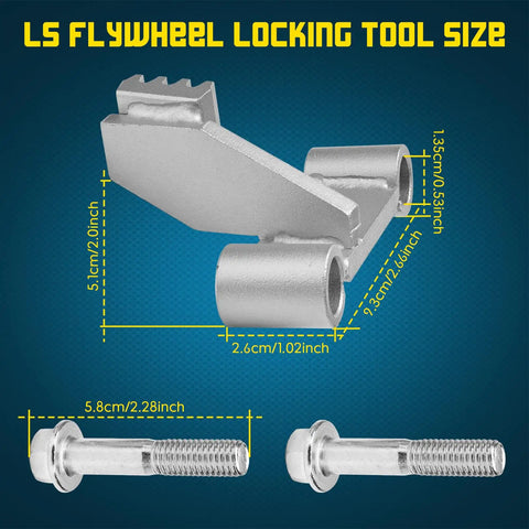 Chelhead LS flywheel locking tool, silver metal with 8.8 bolts, for LS1–LS6/LSX engines.