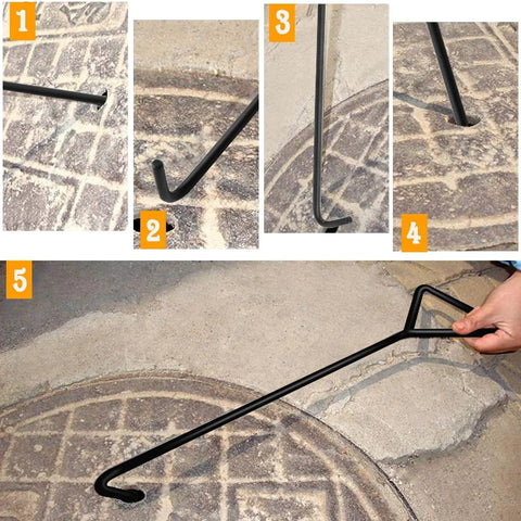 Two Piece 80 Centimeters Manhole Hook Lifter Set in use lifting a heavy manhole cover, showing close-up of steel lifting hooks.
