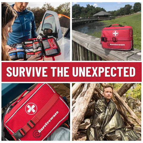 Comprehensive 238 Piece Survival First Aid Kit for Travel Camping and Home Use with labeled compartments and premium supplies shown outdoors.