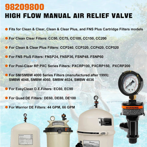 Manual air relief valve with pool filter gauge; compatible with Pentair air relief valves, three filter tanks