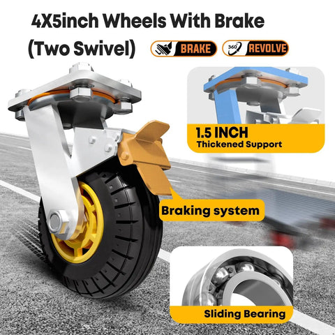 4x5 inch swivel wheels with brake system for heavy duty platform truck and flat moving cart with 2000 lbs capacity steel push cart dolly